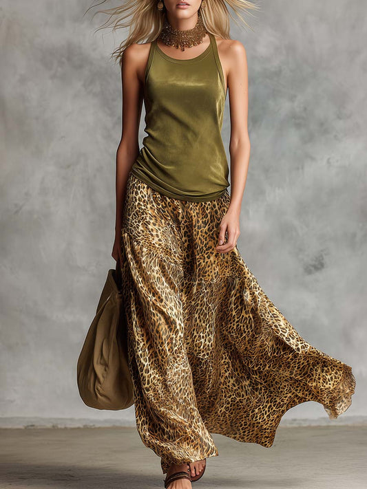 Olive Green Faux Suede Top and Leopard Chiffon Skirt Set