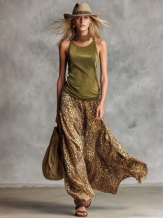 Olive Green Faux Suede Top and Leopard Chiffon Skirt Set