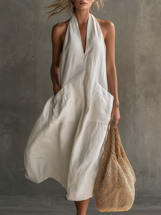Casual Retro White Cotton Linen V-Neck Midi Dress With Pockets