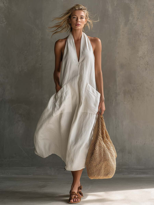 Casual Retro White Cotton Linen V-Neck Midi Dress With Pockets