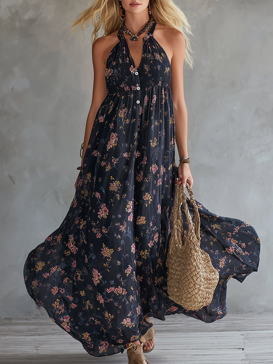 Flowy Black Floral Chiffon Sleeveless Maxi Dress for Elegant Style