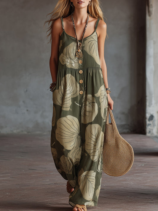 Chic Retro Green Floral Chiffon Spaghetti Strap Wide Leg Jumpsuit