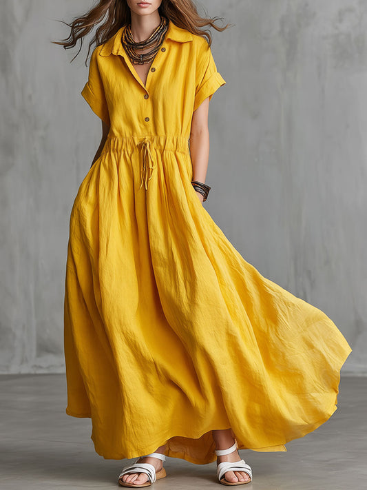 Vintage Yellow Cotton Linen Short-Sleeved Maxi Dress with Pockets