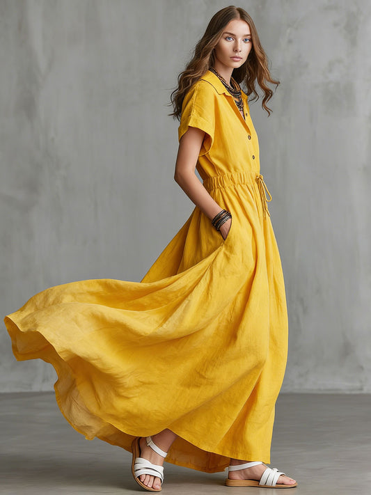 Vintage Yellow Cotton Linen Short-Sleeved Maxi Dress with Pockets