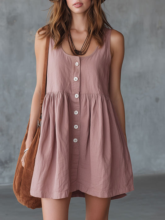 Casual Retro Gray-Pink Linen Sleeveless Mini Dress With Functional Pockets