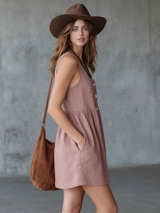 Casual Retro Gray-Pink Linen Sleeveless Mini Dress With Functional Pockets