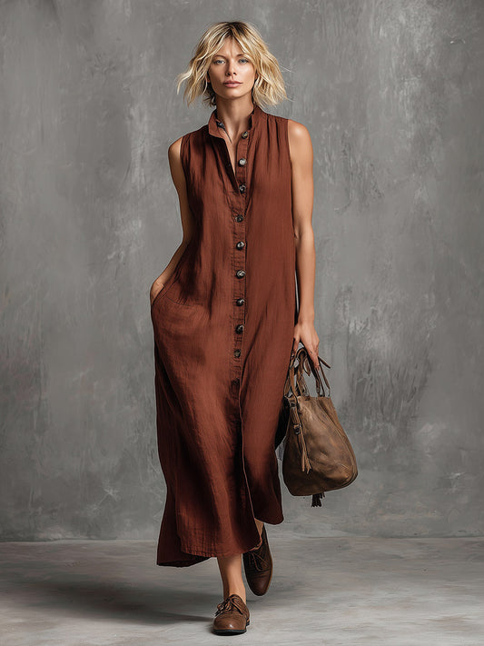 Reddish-Brown Sleeveless Cotton-Linen Maxi Dress with Button Detail