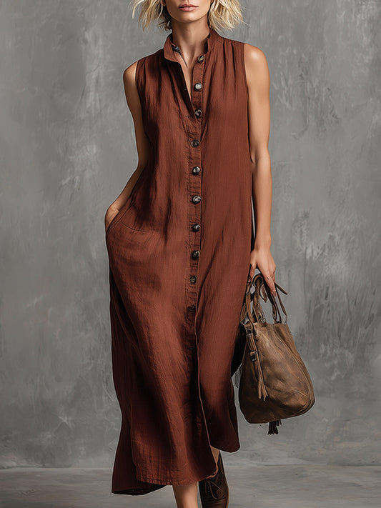 Reddish-Brown Sleeveless Cotton-Linen Maxi Dress with Button Detail