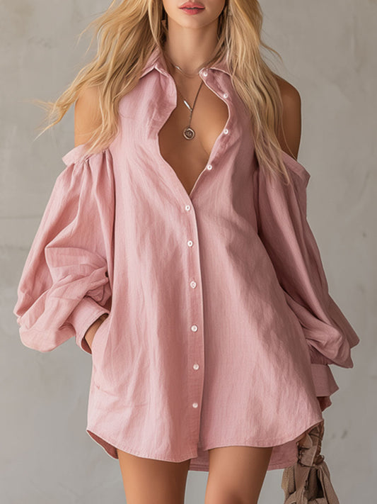 Chic Pink Cotton Linen Off-Shoulder Long-Sleeved Collared Shirt Dress