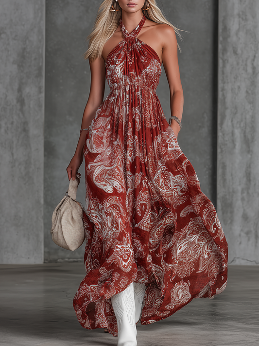 Bohemian Paisley Print Chiffon Halter Maxi Dress for Vacation Style