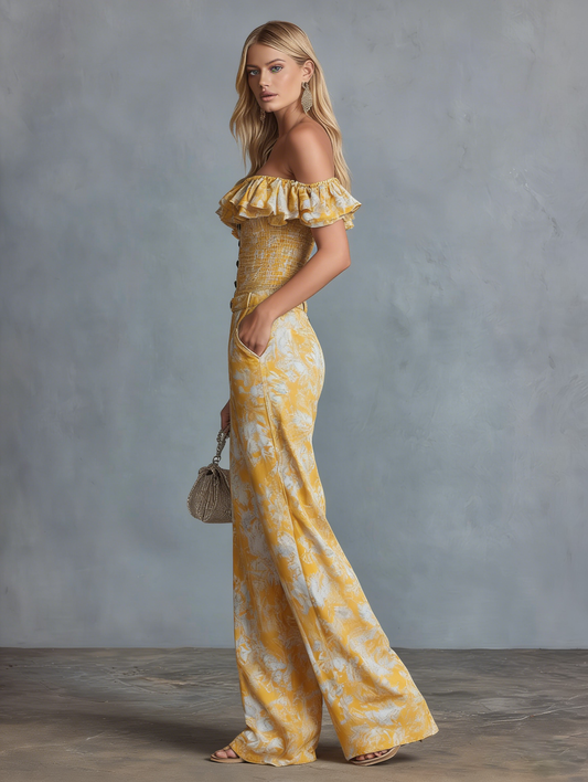 Stylish Off-Shoulder Ruffled Top and Printed Chiffon Trousers Set