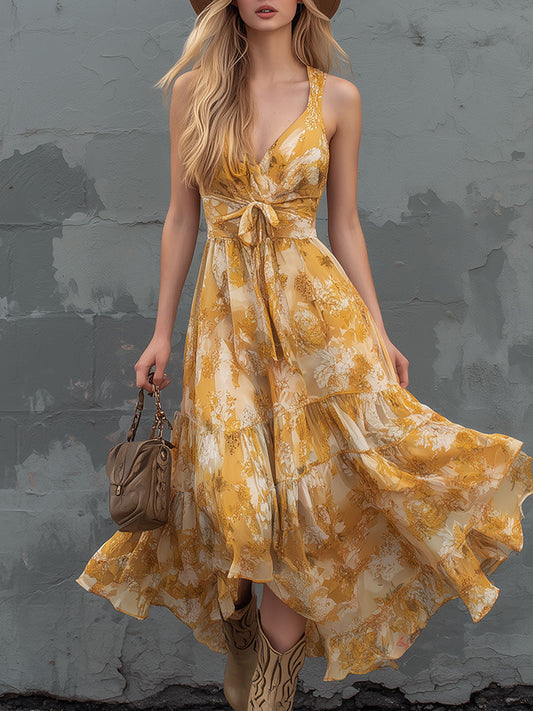 Retro Printed Yellow Chiffon Midi Dress with V-Neck Silhouette