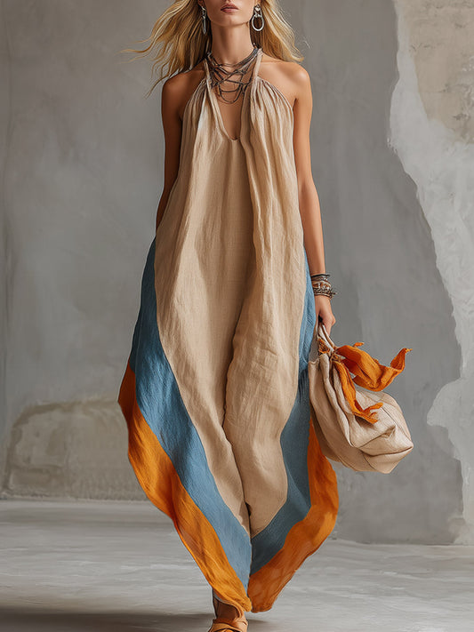 Khaki Cotton-Linen Halter Maxi Dress with Color-Block Hem Detail