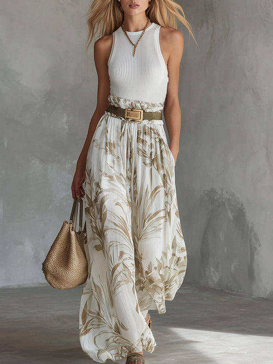 Elegant White Knit Tank and Printed Chiffon Wide Leg Pants Set