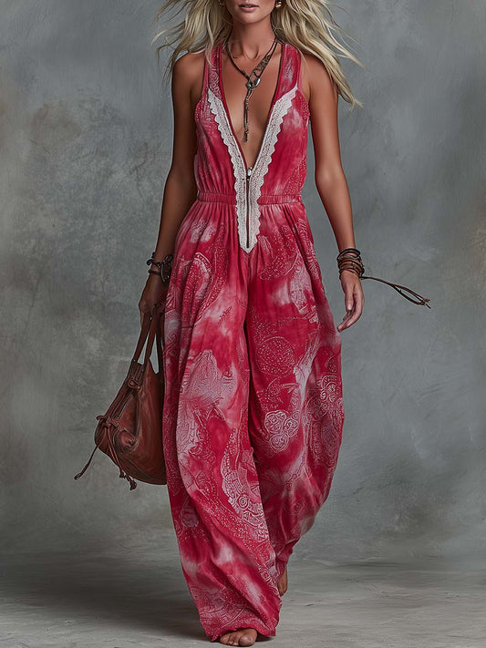 Raspberry Red Vintage Print Chiffon V-Neck Lace Trim Jumpsuit