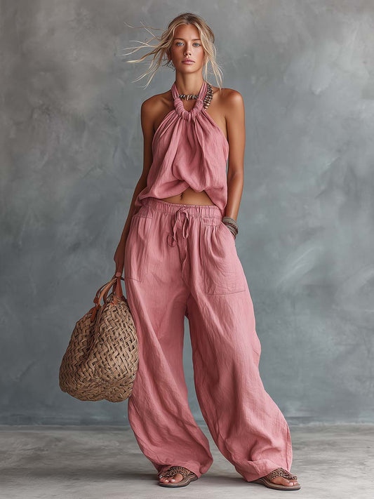 Pink Cotton Linen Halter Top and Wide Leg Pants Set