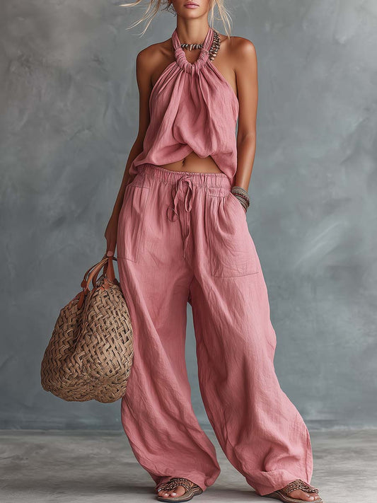 Pink Cotton Linen Halter Top and Wide Leg Pants Set