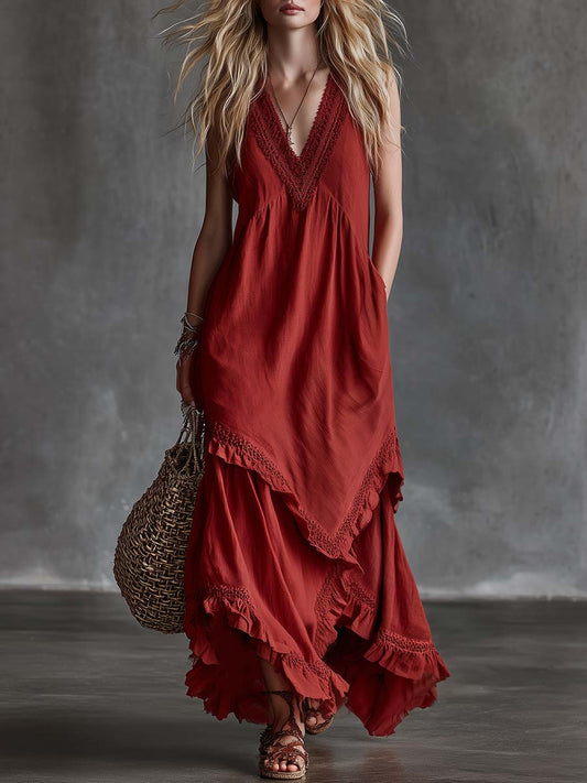 Retro Red Cotton-Linen V-Neck Asymmetrical Hem Lace Trim Maxi Dress