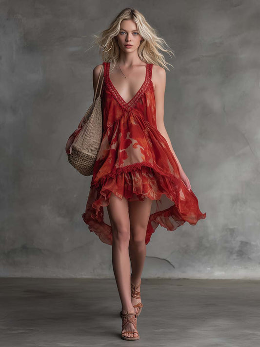 Flowy Red Floral Chiffon Mini Dress With Lace V-Neck Detail