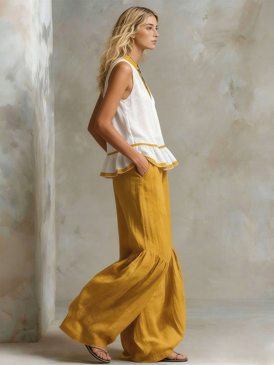 Color-Blocked V-Neck Sleeveless Top and Wide-Leg Cotton-Linen Pant Set