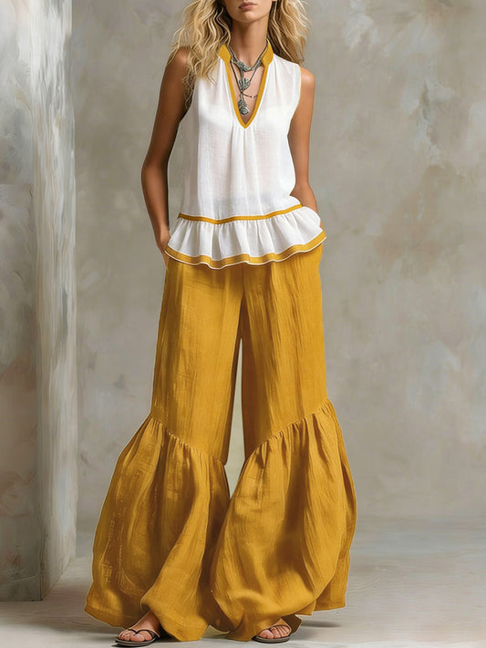 Color-Blocked V-Neck Sleeveless Top and Wide-Leg Cotton-Linen Pant Set