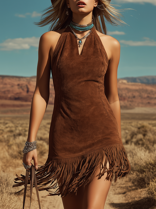 Bohemian Western Faux Suede Halter Mini Dress with Tassel Hem