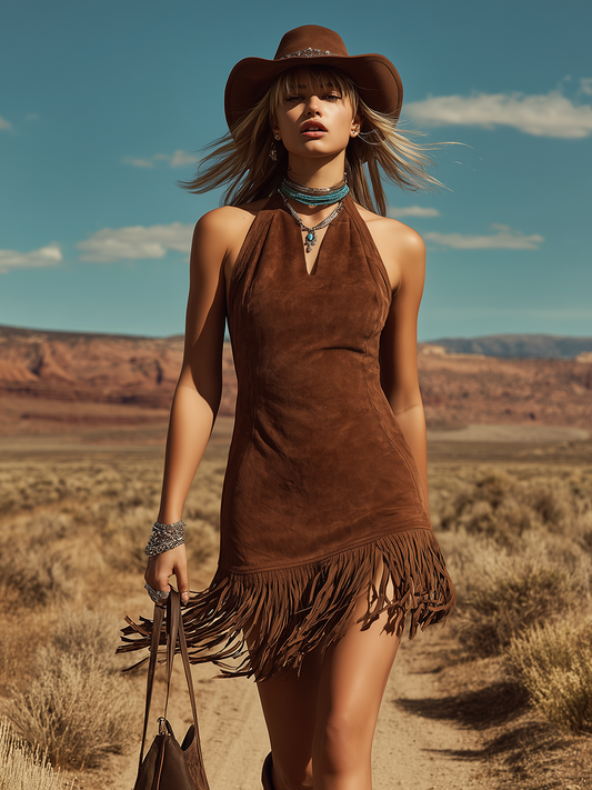 Bohemian Western Faux Suede Halter Mini Dress with Tassel Hem