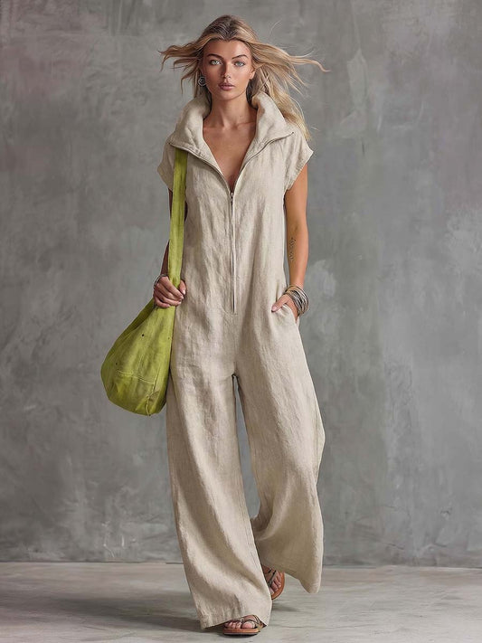 Casual Cotton-Linen Jumpsuit with Lapel Collar and Front Zipper