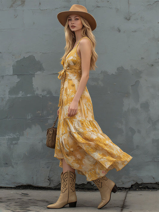 Retro Printed Yellow Chiffon Midi Dress with V-Neck Silhouette