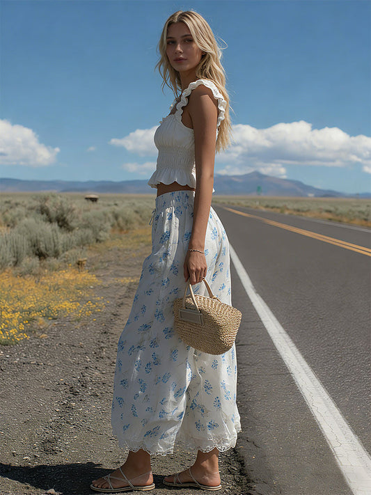 Retro Lace Ruffled White Sleeveless Top And Printed Pants Set