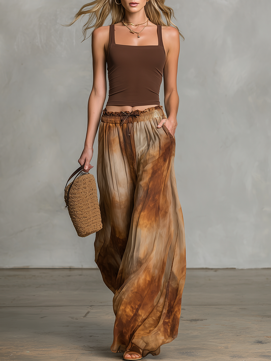 Sleeveless Square Neck Top and Printed Chiffon Trousers Two-Piece Set