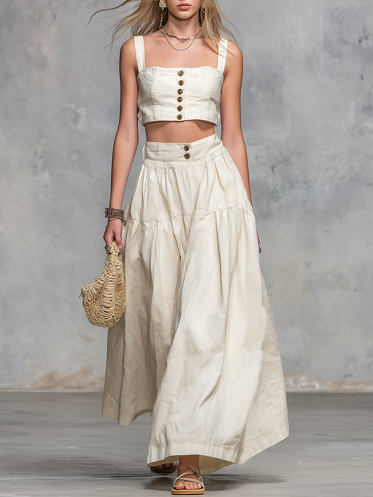 Elegant Square-Neck Sleeveless Crop Top And Long Skirt Set