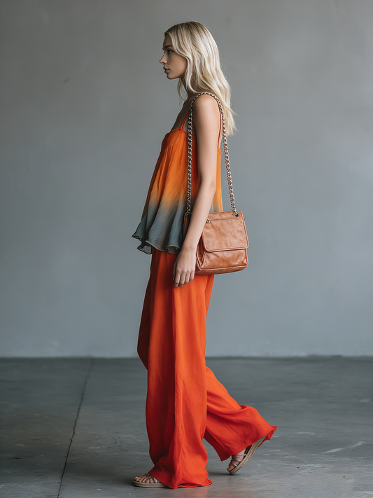 Retro Chic Sleeveless A-Line Gradient Top And Chiffon Trousers Set