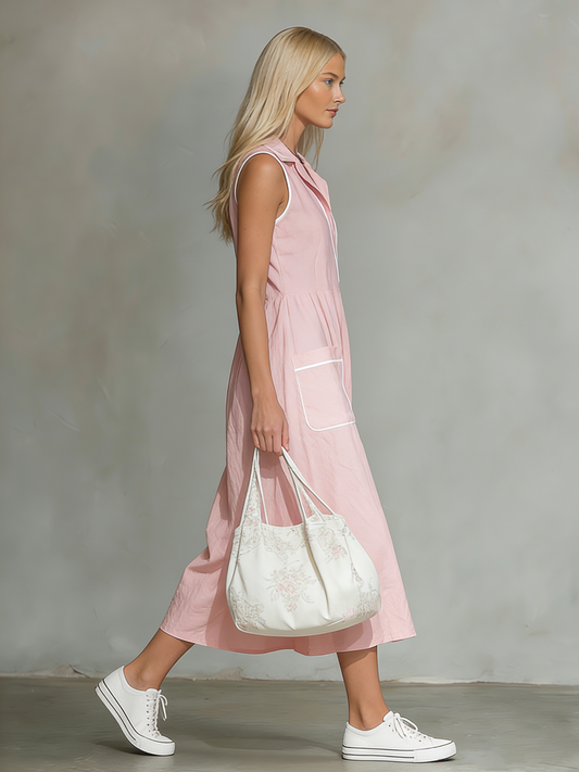 Casual Sleeveless Collared Midi Dress with Pockets for Everyday Wear