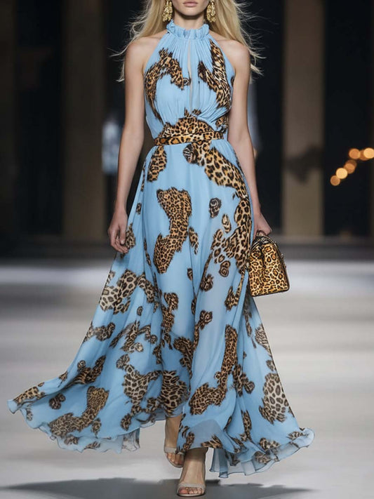 Retro Sky Blue Leopard Print Chiffon Halter Maxi Dress
