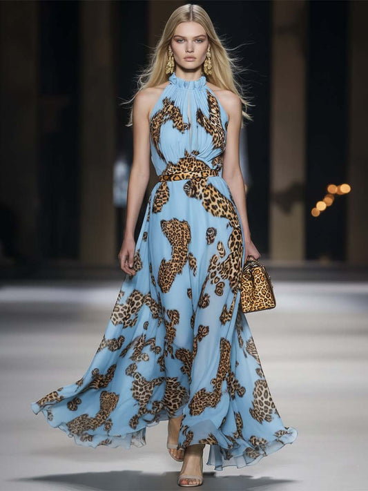 Retro Sky Blue Leopard Print Chiffon Halter Maxi Dress