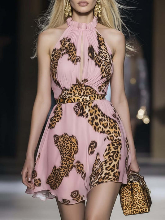 Retro Pink Leopard Print Halter Neck Chiffon Mini Vacation Dress