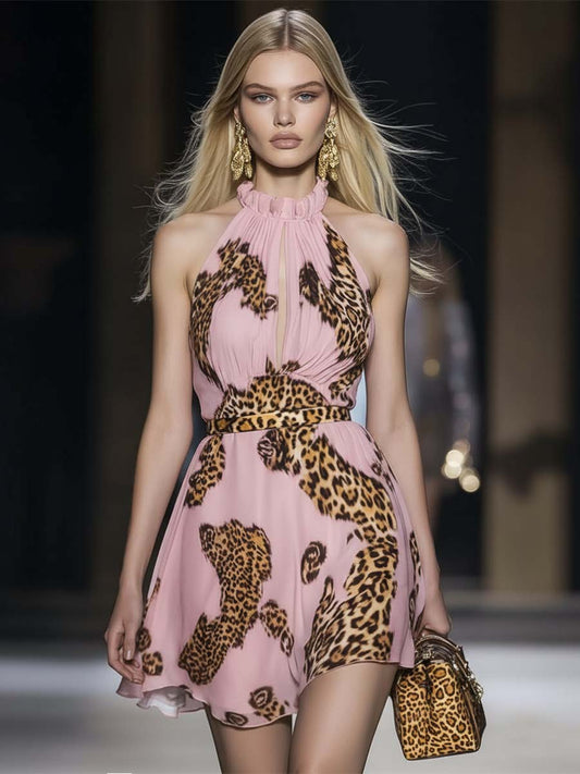 Retro Pink Leopard Print Halter Neck Chiffon Mini Vacation Dress
