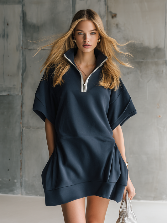Athletic Casual Half-Zip Short Sleeve Mini Dress in Dark Blue