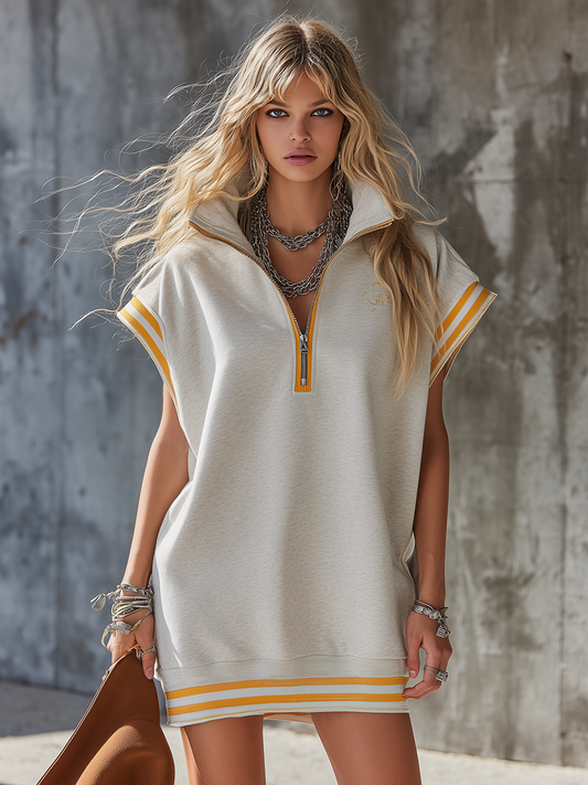 Retro-Sporty Half-Zip Sleeveless Mini Dress with Contrast Striped Trim