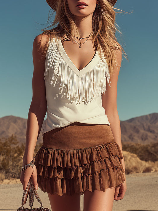 Western Retro Fringed White Sleeveless Faux Suede Top Skirt Set