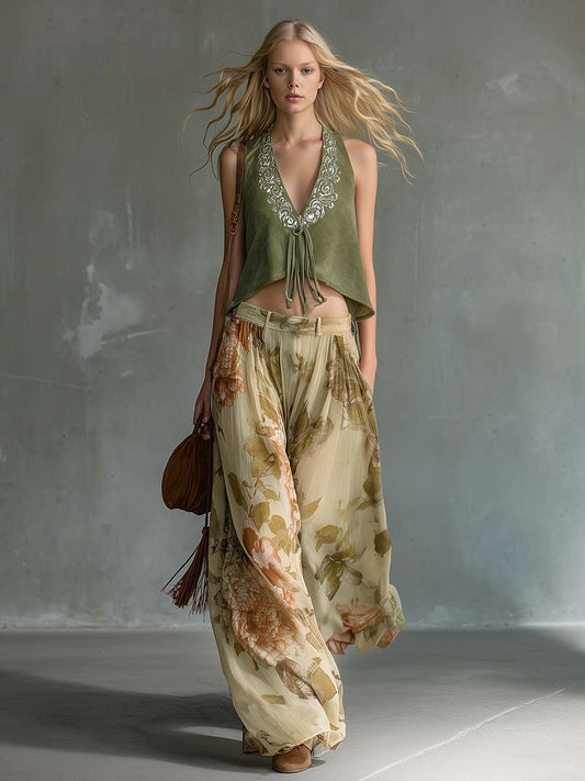 Retro Western Green Faux Suede Top and Printed Chiffon Set