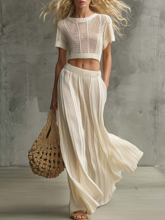 Cream Open-Knit Crewneck Top and Maxi Skirt Vacation Set
