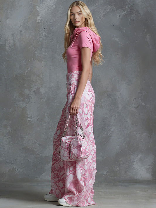 Pink Casual Hooded Short-Sleeve Top And Snakeskin Wide-Leg Pants Set