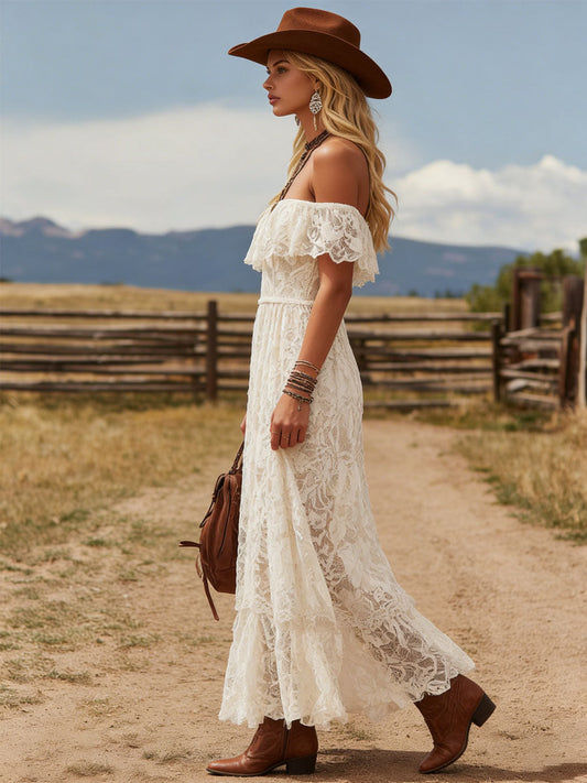 Elegant Retro Style Off Shoulder Short Sleeved Lace Maxi Dress