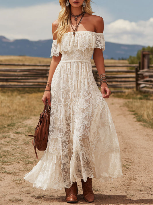 Elegant Retro Style Off Shoulder Short Sleeved Lace Maxi Dress