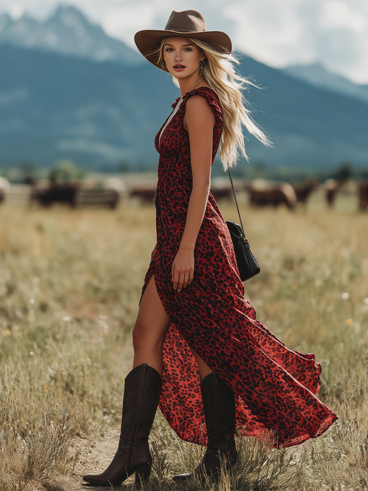 Western Bohemian Style V-Neck Leopard Print Sleeveless Chiffon Maxi Dress