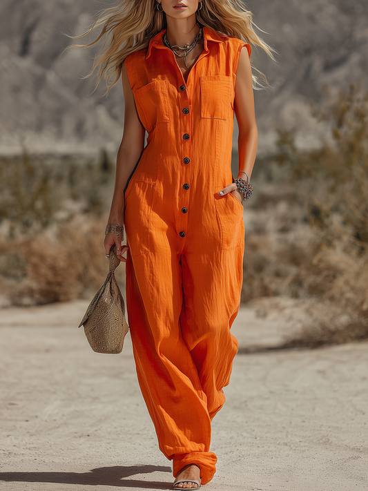 Retro Western Style Cotton Linen Sleeveless Jumpsuit With Pockets