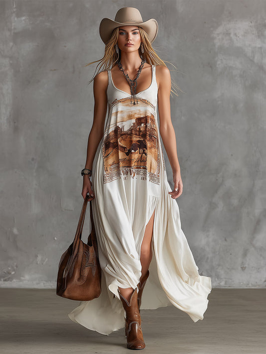 Vintage Western Print White Chiffon Sleeveless Maxi Dress Flowing Style