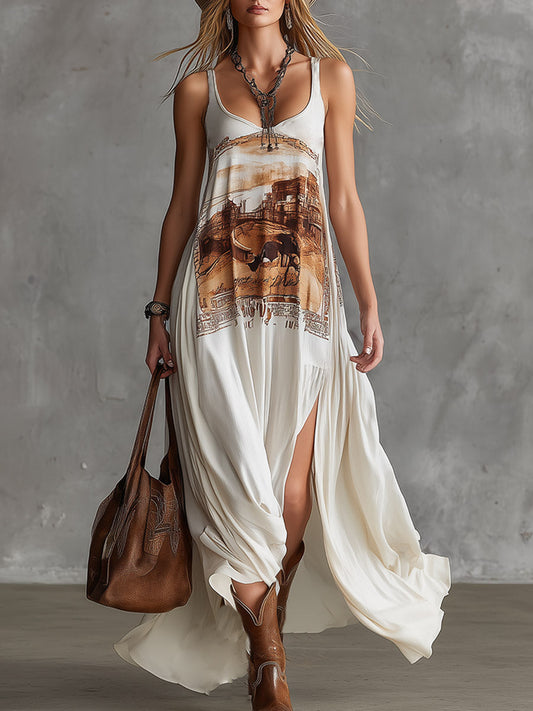 Vintage Western Print White Chiffon Sleeveless Maxi Dress Flowing Style